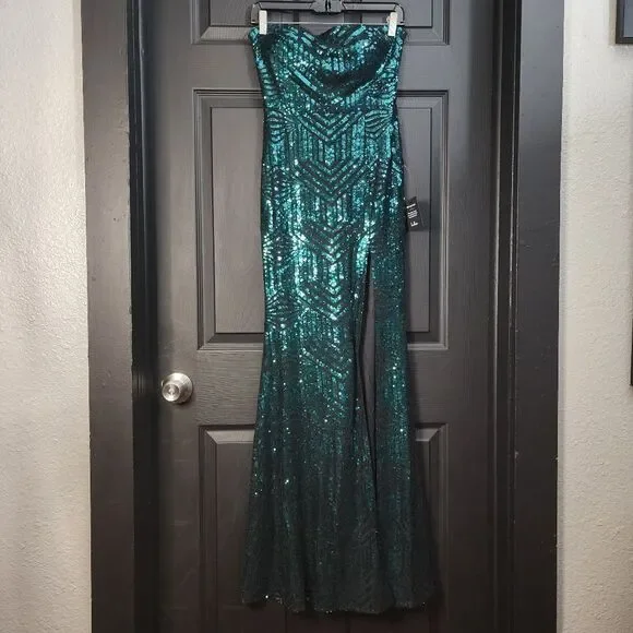 Lulus 'Dazzling Magic' Teal and Black Sequin Strapless Maxi Dress - Picture 5 of 16